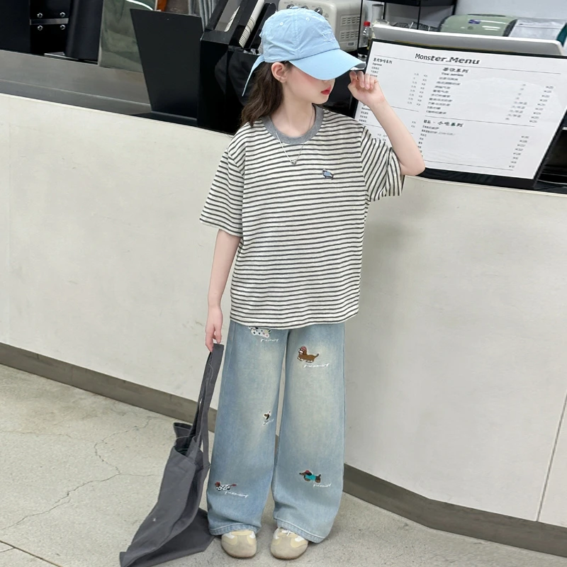 女童短袖t恤2025新款夏装套装大童夏款条纹上衣女孩儿童夏季套装