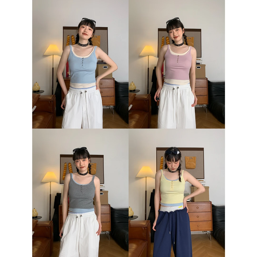 韩系甜辣假两件撞色吊带背心女夏季新款外穿辣妹修身显瘦短款上衣