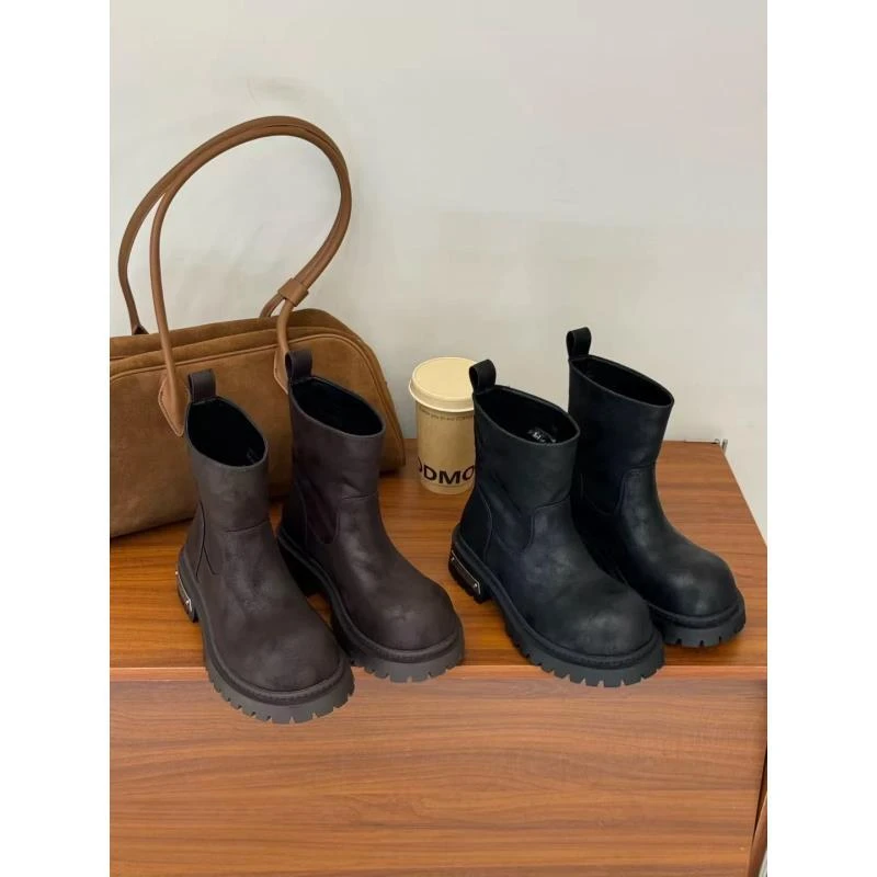 细节患者~水洗缩纹皮粗跟短靴女瘦瘦靴061靴/A5