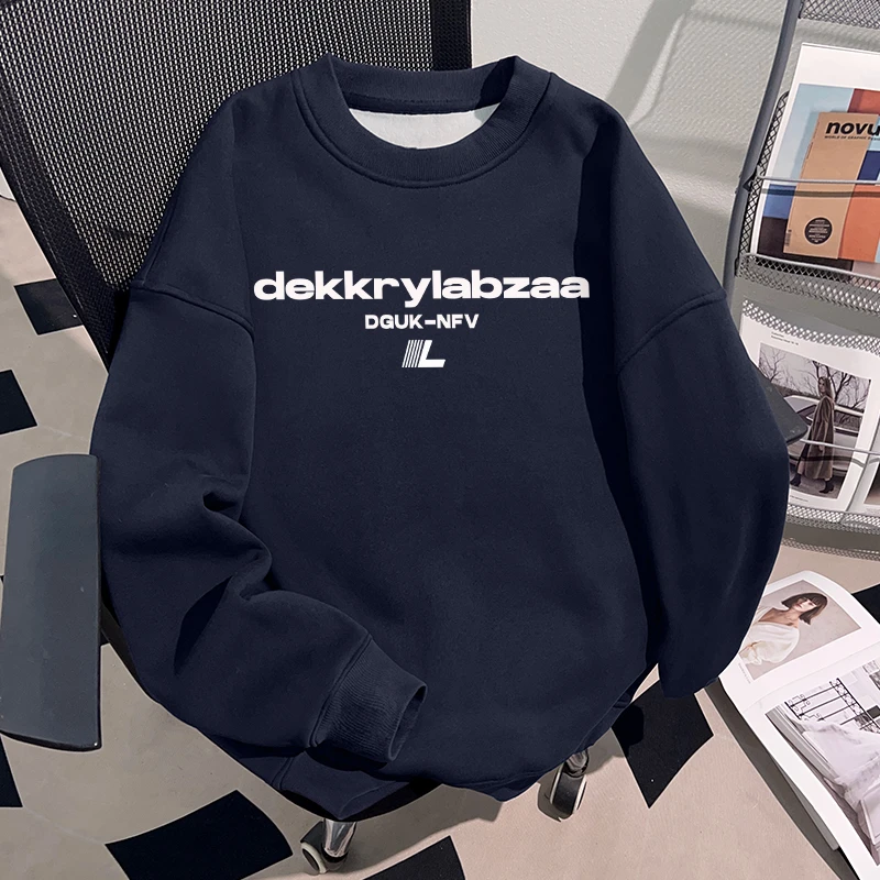 Dekkry潮流设计字母印花藏青色加绒圆领卫衣男女秋冬套头休闲上衣