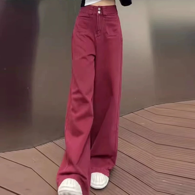 131-编号安哥拉红复古阔腿牛仔裤女新款高腰宽松显瘦筒拖地裤加绒