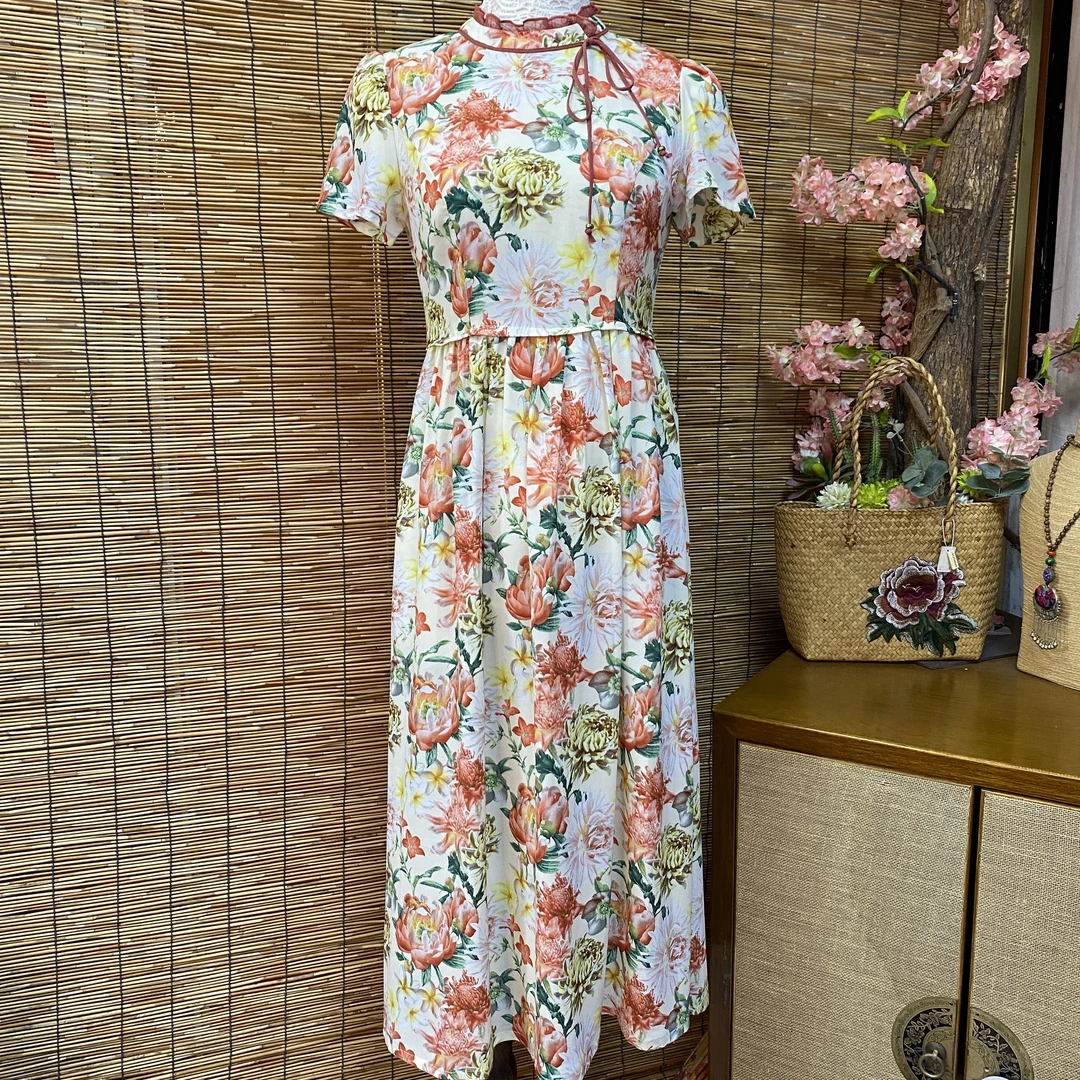 直播款福利优惠印花油画风温柔气质中长款连衣裙