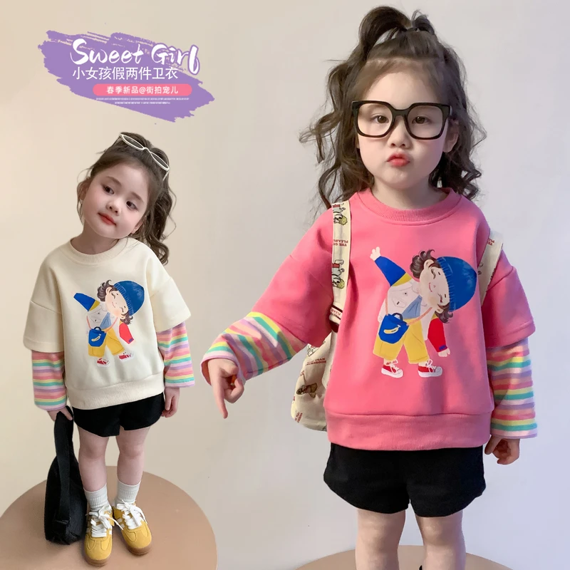 女童假两件卫衣春秋款2025新款小童洋气可爱印花宽松女宝春装上衣