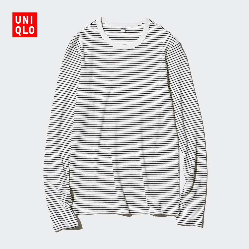 优衣库女装柔软罗纹条纹圆领T恤长袖百搭打底内搭475840