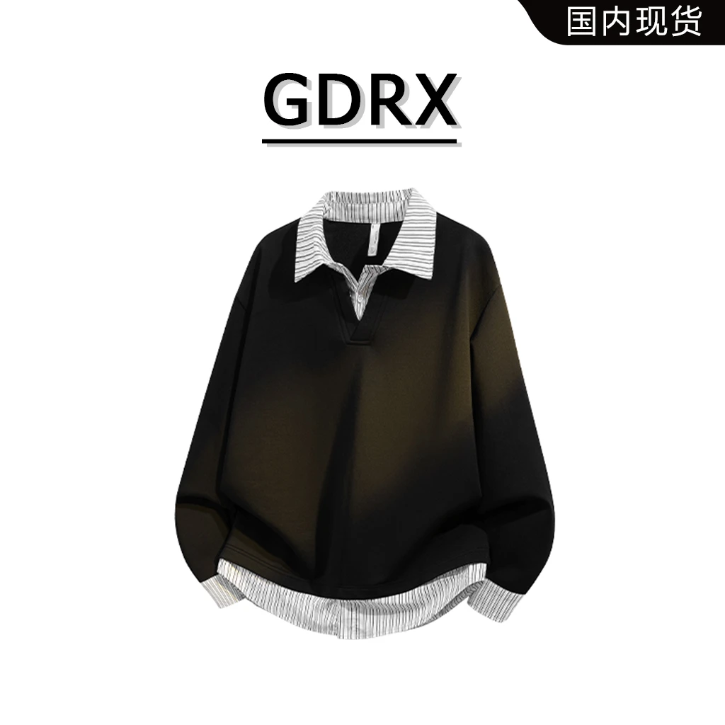 GDRX美式假两件条纹卫衣男士秋季新款拼接百搭长袖polo领t恤上衣