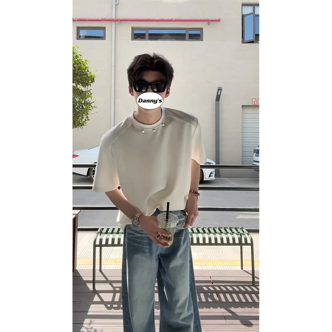 美式高街垫肩短袖男款夏季重磅金属装饰设计感t恤小领口痞帅半袖