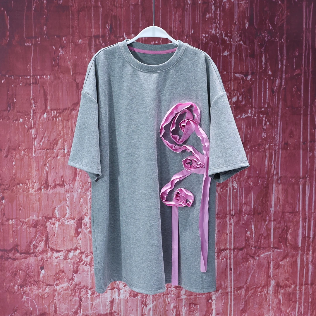 【韩哥女装】设计师欧货新品银灰色立体盘花挺阔大版T恤6503A