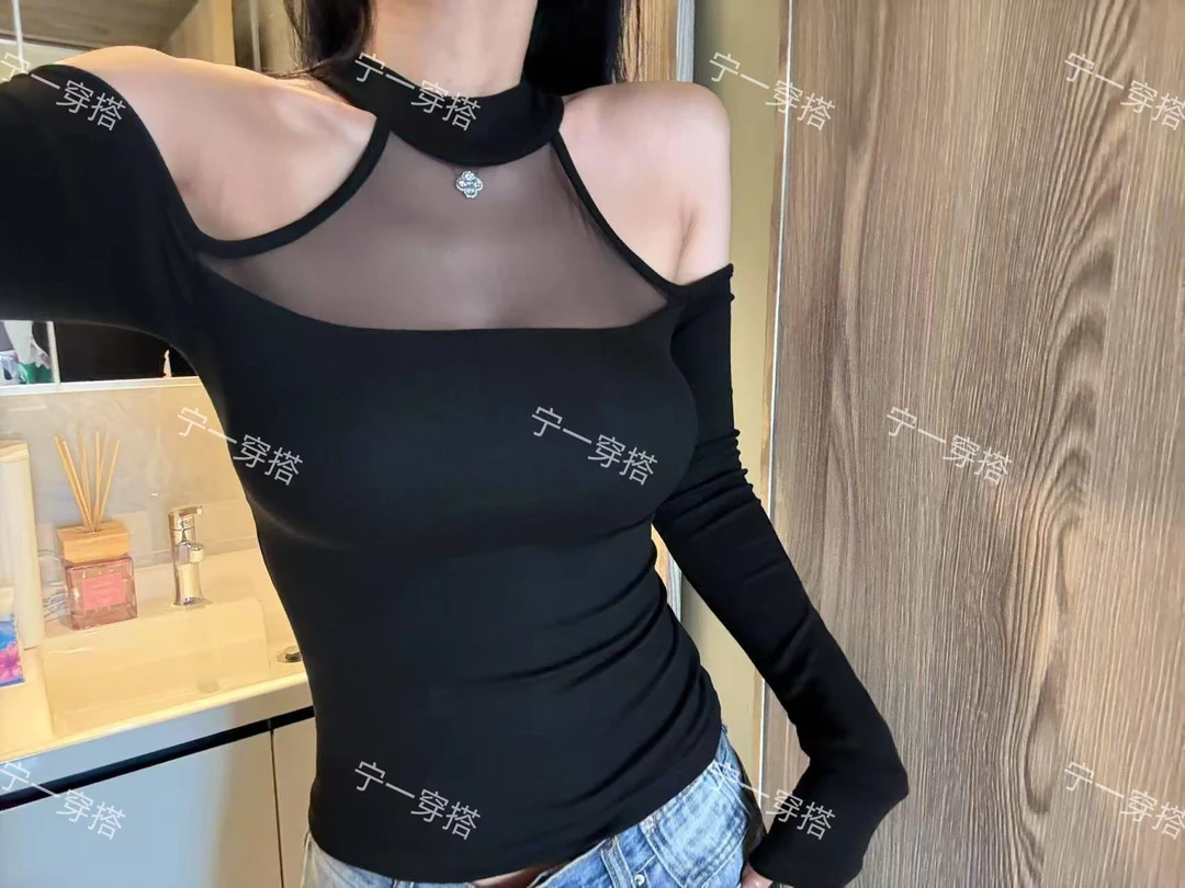 【8023挂脖网纱款】升级版露肩网纱拼接显瘦带橡皮筋超有安全感上衣