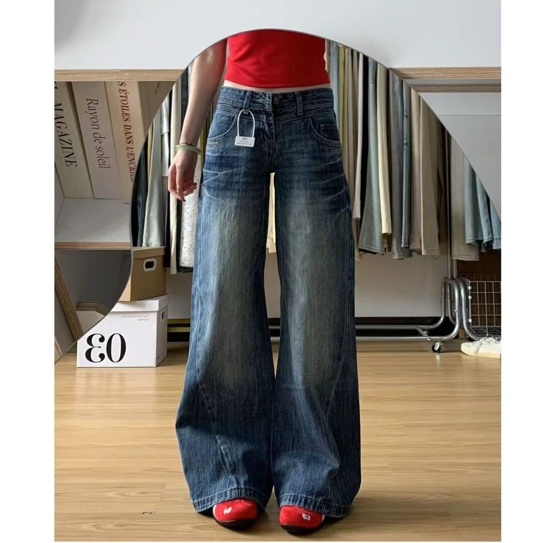 微胖mm复古显瘦水洗高个子牛仔裤女秋季低腰美式高街宽松直筒长裤