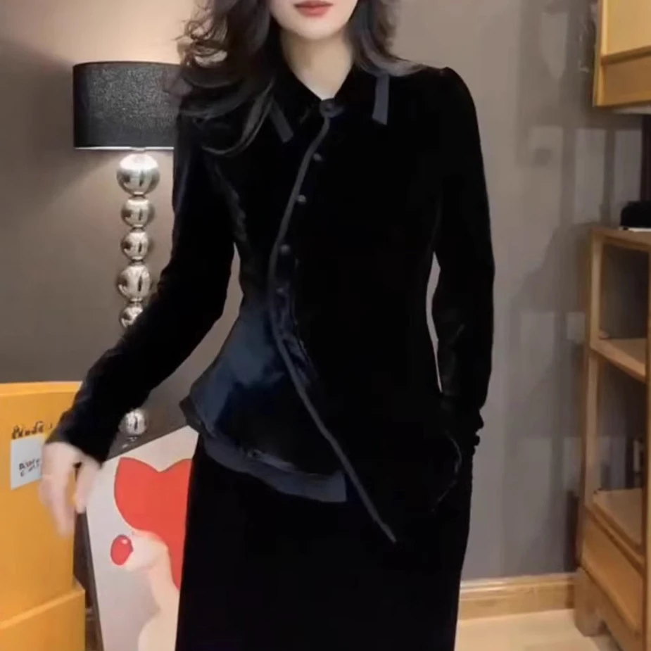 2025秋冬新款新中式国气质时尚百搭洋气风改良小衫修身显瘦丝绒衫