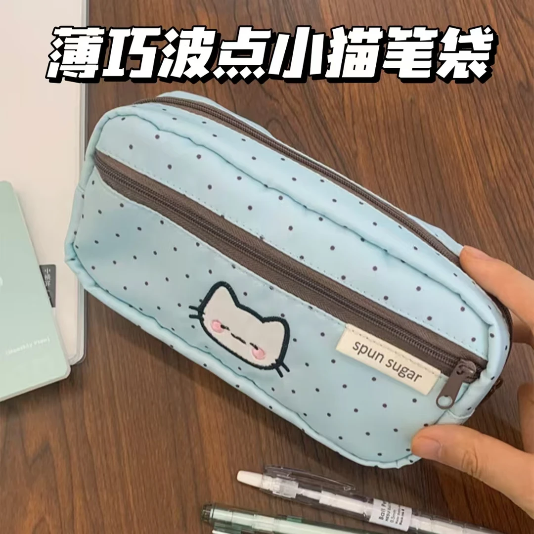 薄巧波点小猫大容量笔袋可爱少女ins风高颜值收纳文具盒装饰帆布