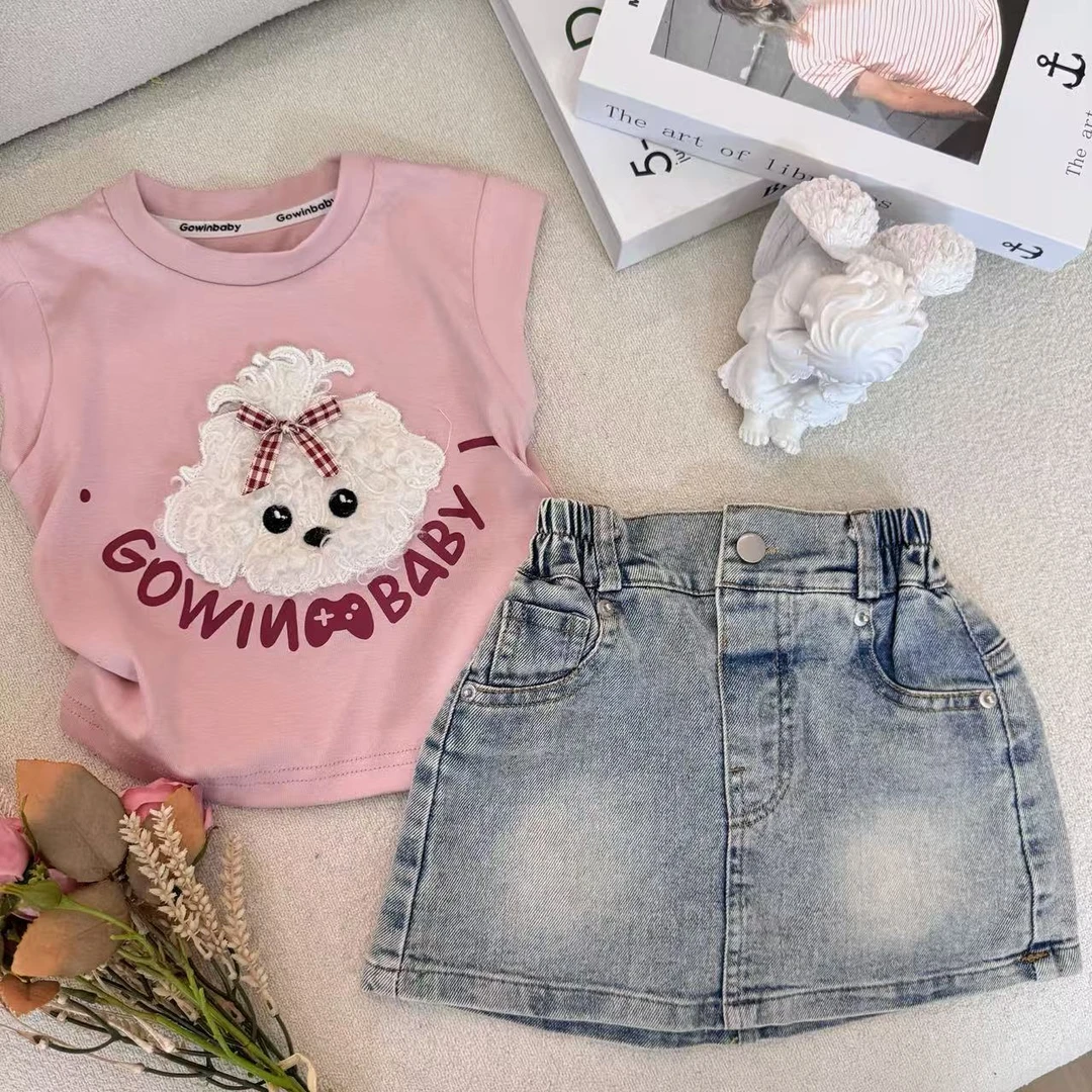 女童夏套装2025新款韩版可爱卡通T恤牛仔裙两件套小女孩夏装衣服