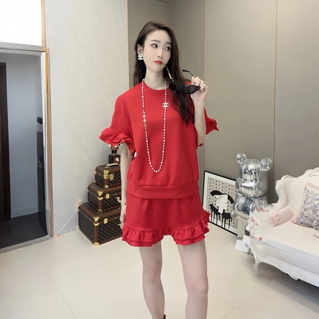 夏季设计感荷叶边短袖时尚休闲气质显瘦轻奢套装百搭半身裙