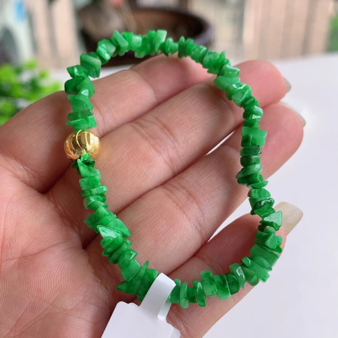 天然翡翠A货冰润满绿满色果阳绿绿色碎碎平安手串手链卡5-6mm缅甸