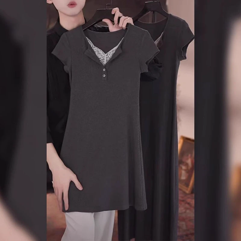 纯欲蕾丝拼接短袖连衣裙女2025夏季新款设计感收腰显瘦包臀裙子潮