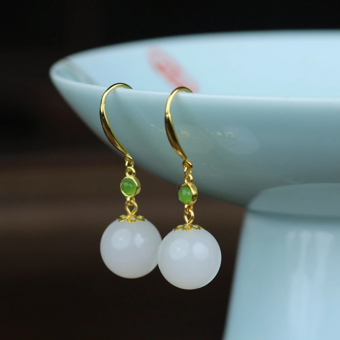 S925银新疆白色金丝玉12毫米圆珠耳环长款耳坠银耳钩耳环811376