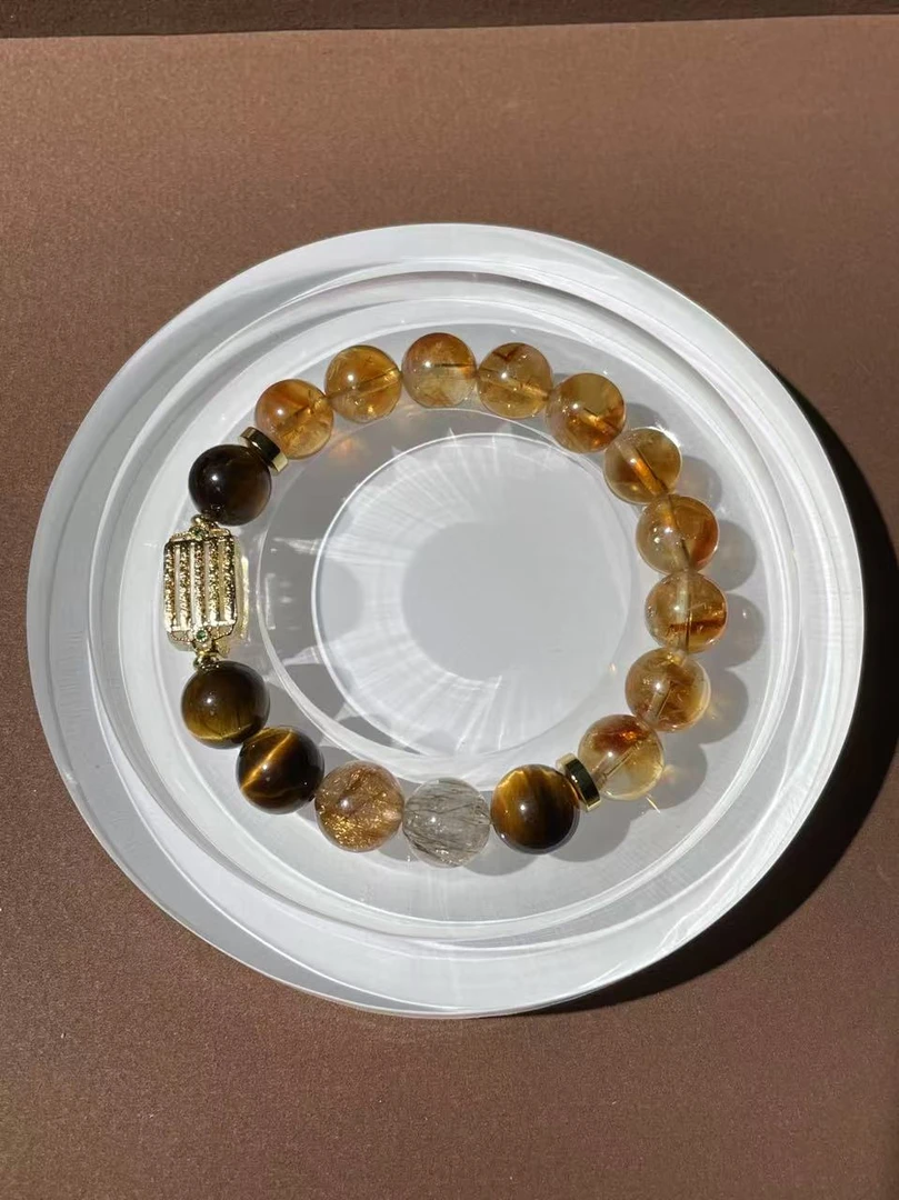 泰兰德五条纹 10mm黄塔晶+10mm虎眼石发晶黑金超七 天然水晶
