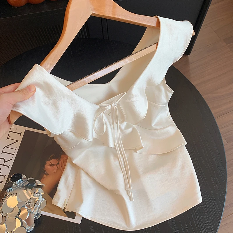 法式优雅V领缎面衬衫短上衣女2025夏季新款高级感收腰荷叶边小衫