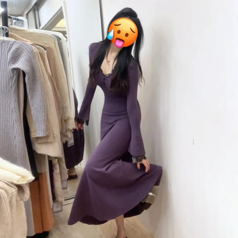 纯欲风蕾丝v领紫色连衣裙子女初春2025新款收腰显瘦内搭打底长裙