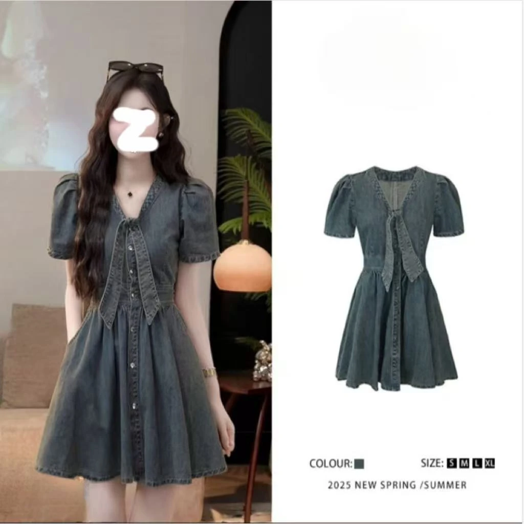 【晚风向南】2025夏新款法式赫本风复古V领连衣裙