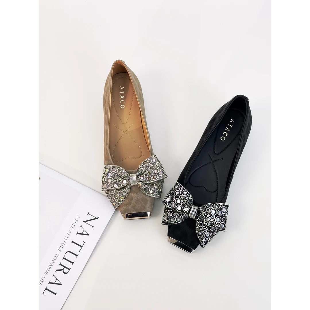 2025年新款真皮韩版气质显瘦法式低跟蝴蝶结浅口方头女单鞋YJR011