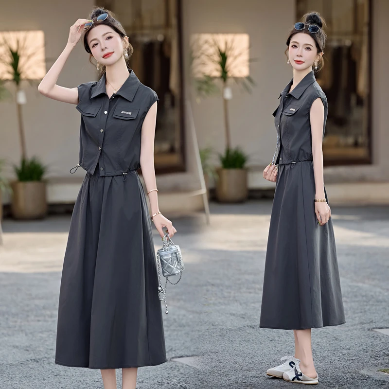 时尚套装裙女2025夏季新款洋气显瘦无袖衬衫搭配包臀半身裙两件套