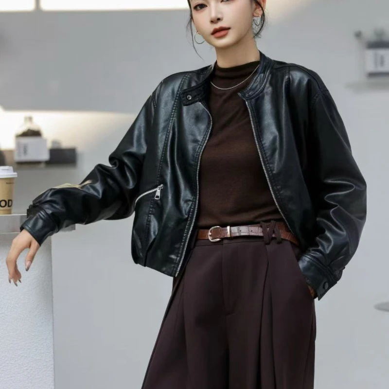 2025冬季新款加绒皮衣外套女小个子短款百搭宽松洋气时尚皮夹克潮