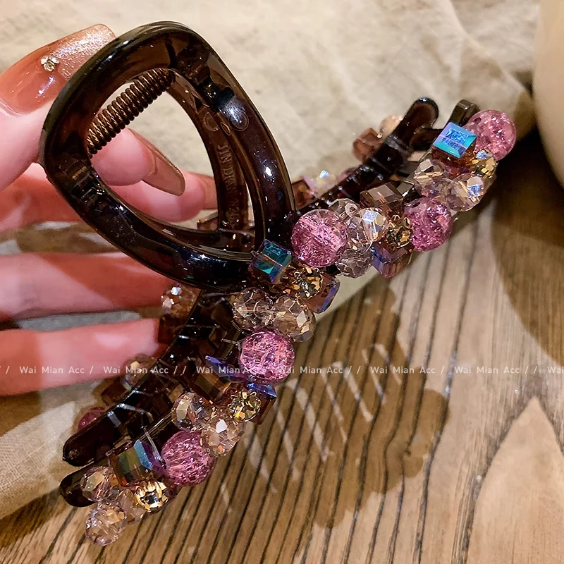 高端网红渐变紫色水晶后脑勺盘发抓夹女轻奢时尚鲨鱼夹新款头饰