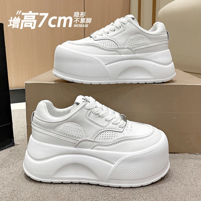 真皮松糕厚底小白鞋女2025春秋新款小个子增高休闲大头丑萌面包鞋