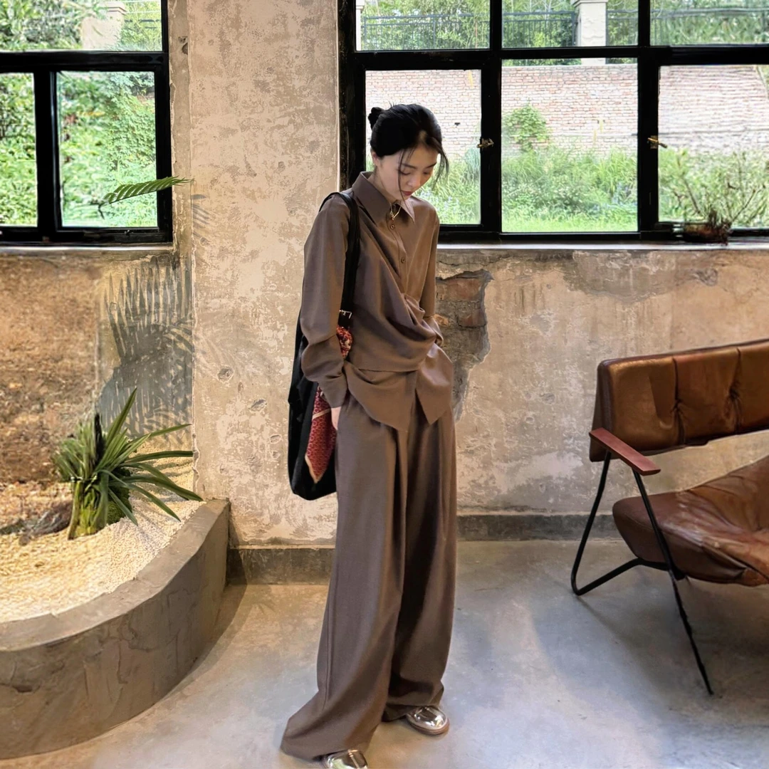 极简老钱风套装优雅时髦衬衫长袖显瘦高腰设计感衬衫休闲裤两件套