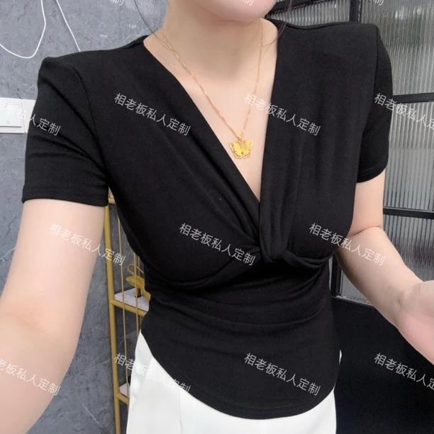 【相老板】精选新品-2201-夏季V领纽结短袖上衣