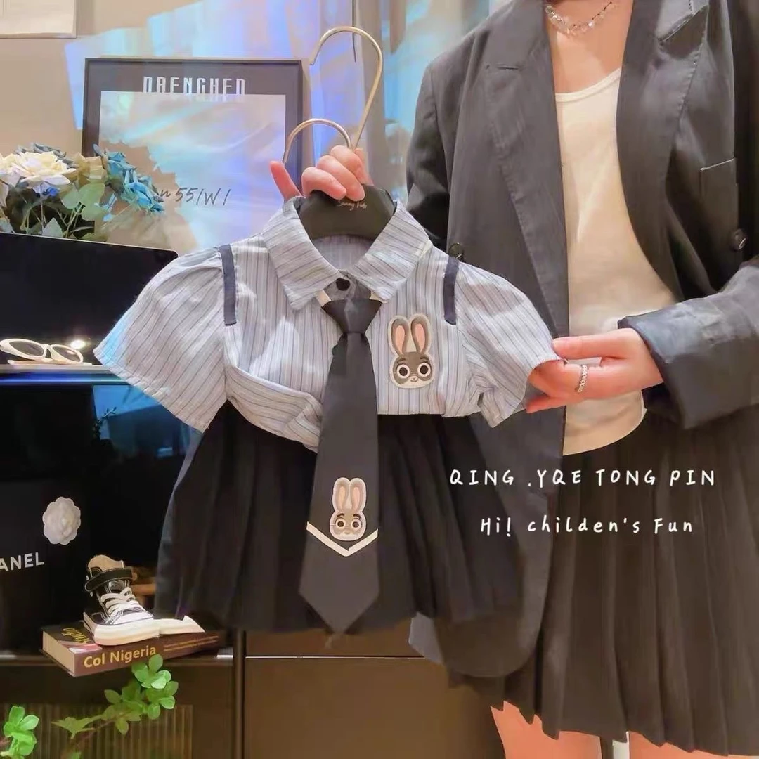 女童夏季套装兔子警长衬衫+百褶裙学院风两件套女孩jk制服短裙