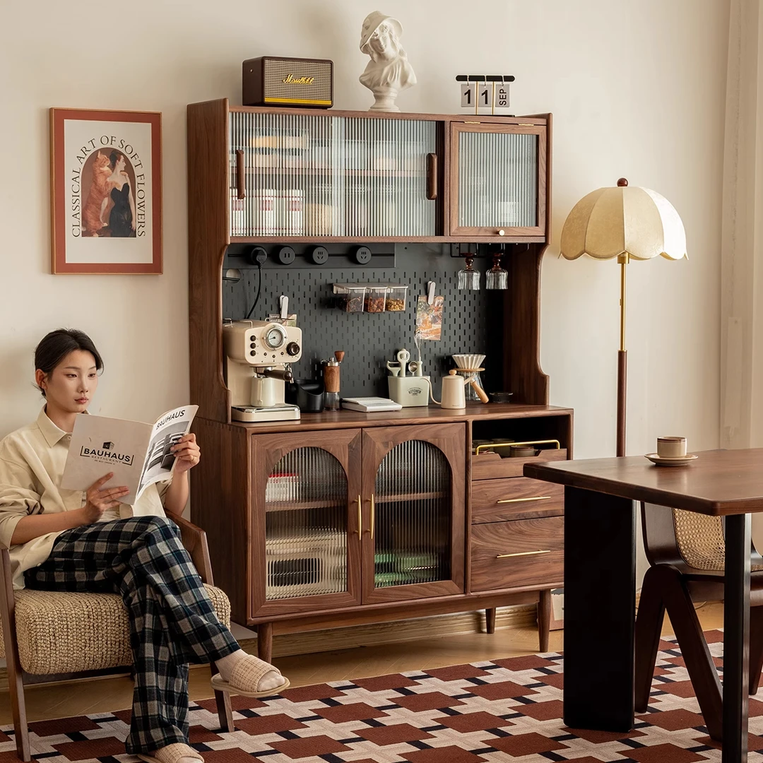 北欧实木餐边柜靠墙黑胡桃木客厅储物柜中古风茶水柜家用收纳柜子