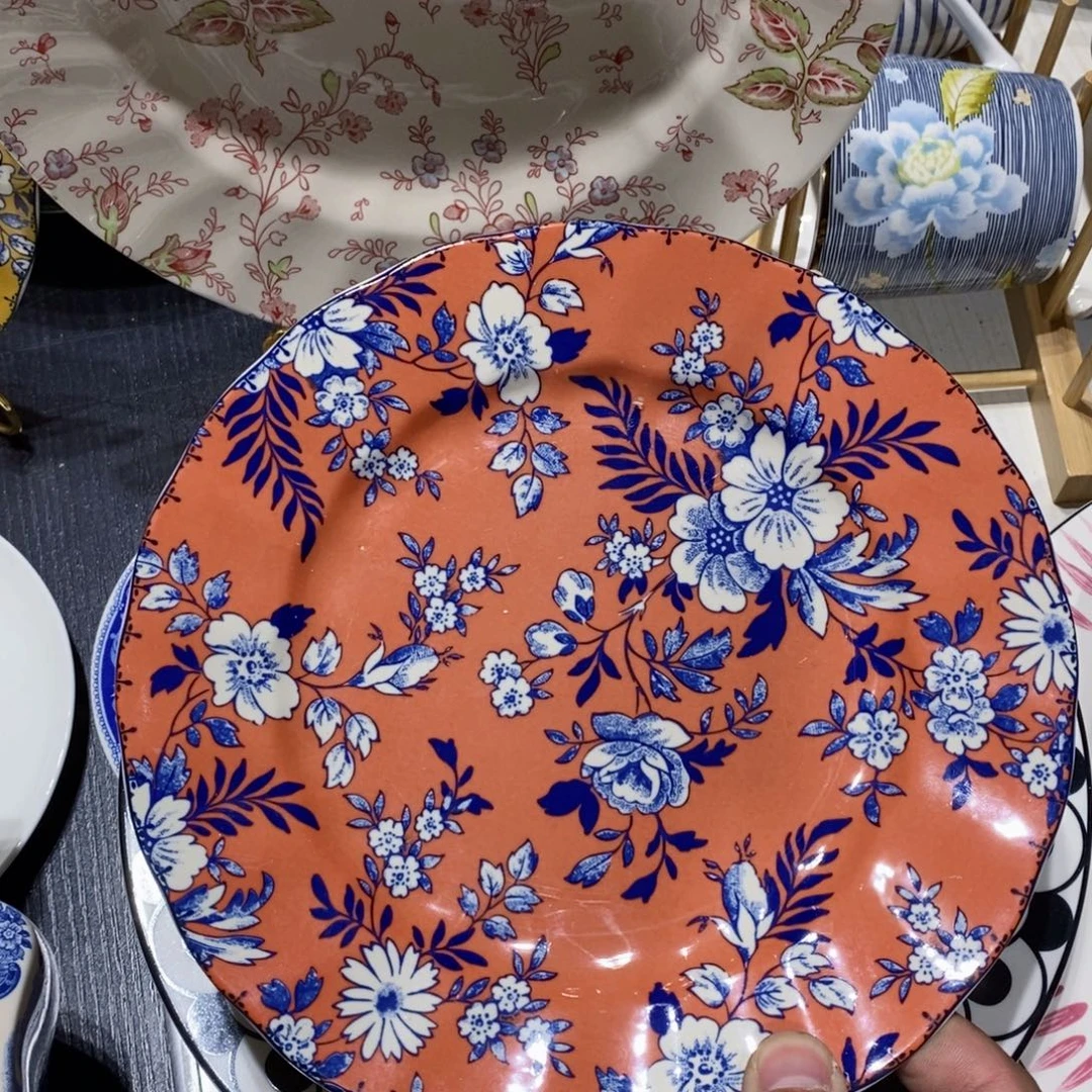 瓷微瑕橙色青花八寸平盘