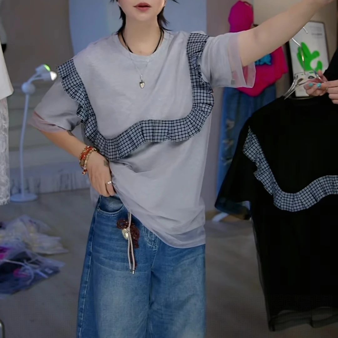 【济州岛】网纱拼接格纹花边设计短袖