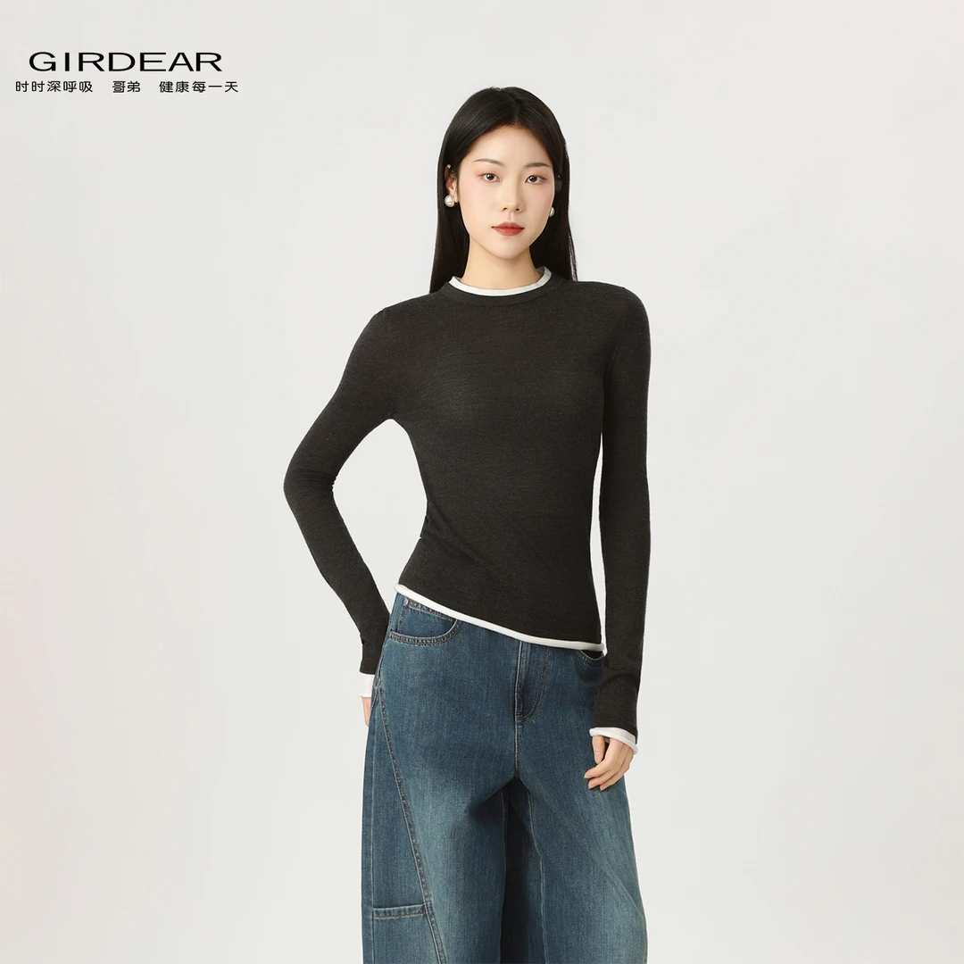 GIRDEAR/哥弟25秋冬新款打底女羊毛老钱风修身圆领针织衫1399763