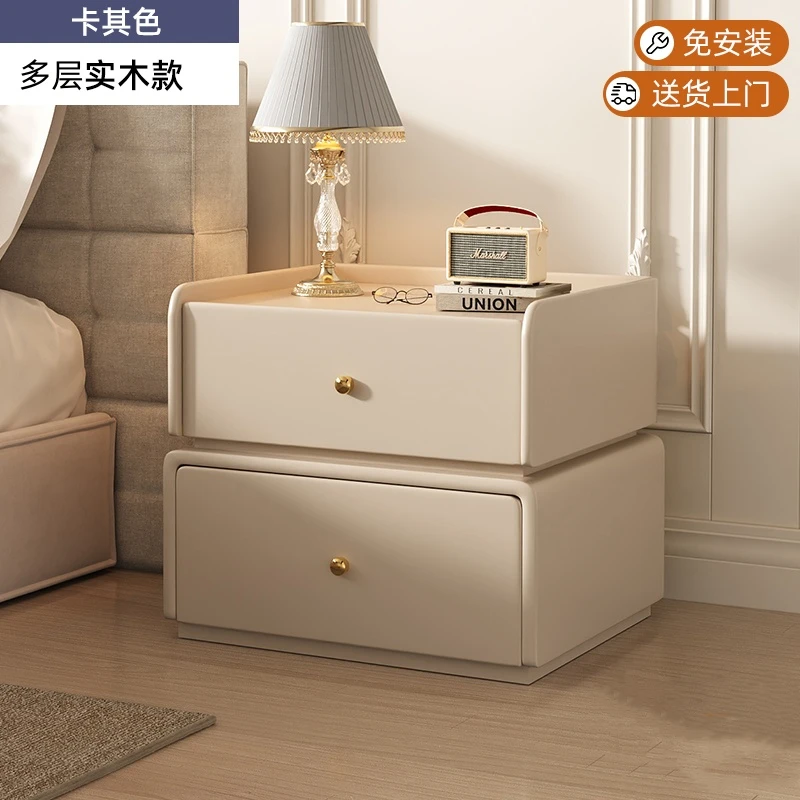 奶油风方糖全实木床头柜 轻奢皮质可旋转 现代简约卧室圆角直播