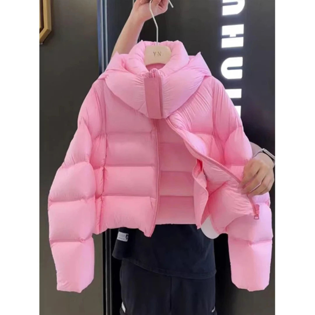 韩系超好看粉色短款服女冬季2025新款小个子连帽面包服厚外套