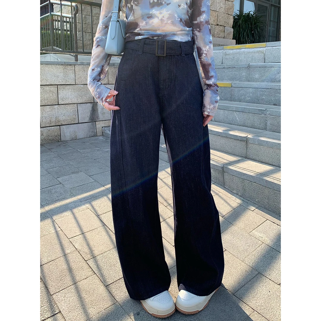 早春原色蓝复古直筒阔腿牛仔裤女百搭显瘦高腰时尚宽松拖地裤