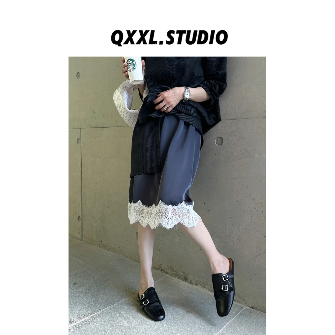 邱小小丽呀 早秋拼接蕾丝花边半身裙女设计感高腰气质显瘦a字裙