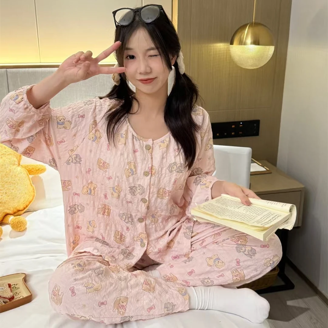 <心爱的小熊>早秋甜妹泡泡棉睡衣女秋季新款带胸垫甜美家居服