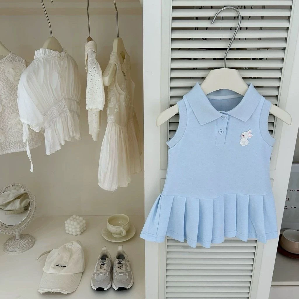 女童学院风洋气polo衫连衣裙夏季无袖2025背心新款百褶运动公主裙