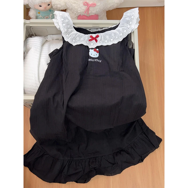 【蕾丝花边Kitty】韩系少女睡裙女夏季新款黑色家居服连衣裙可外穿