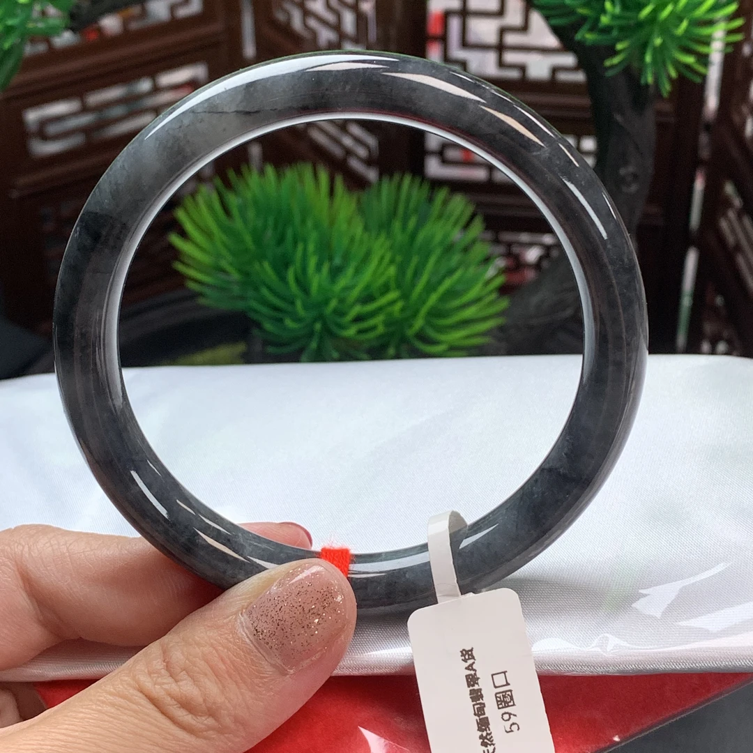 天然缅甸翡翠A货手镯59圈口乌鸡圆条