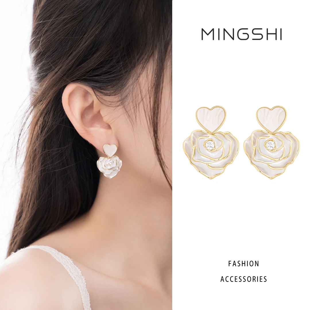 名式 铜合金合成锆石耳饰 法式温柔浪漫立体玫瑰爱心耳环QJD558