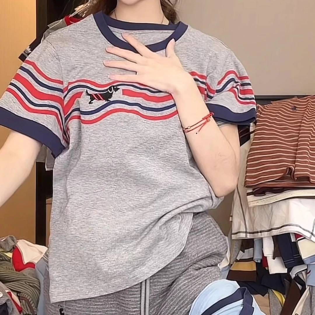 纯棉短袖T恤女夏季2025新款时尚宽松撞色印花卡通小狗百搭上衣潮