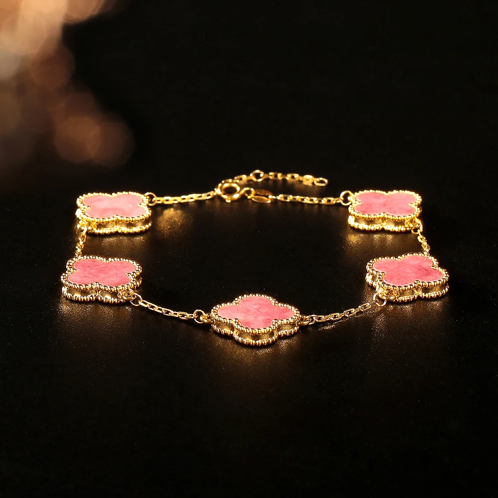 【婷婷专属】18k金蔷薇石轻奢五花13mm四叶手链 时尚百搭五金女孩