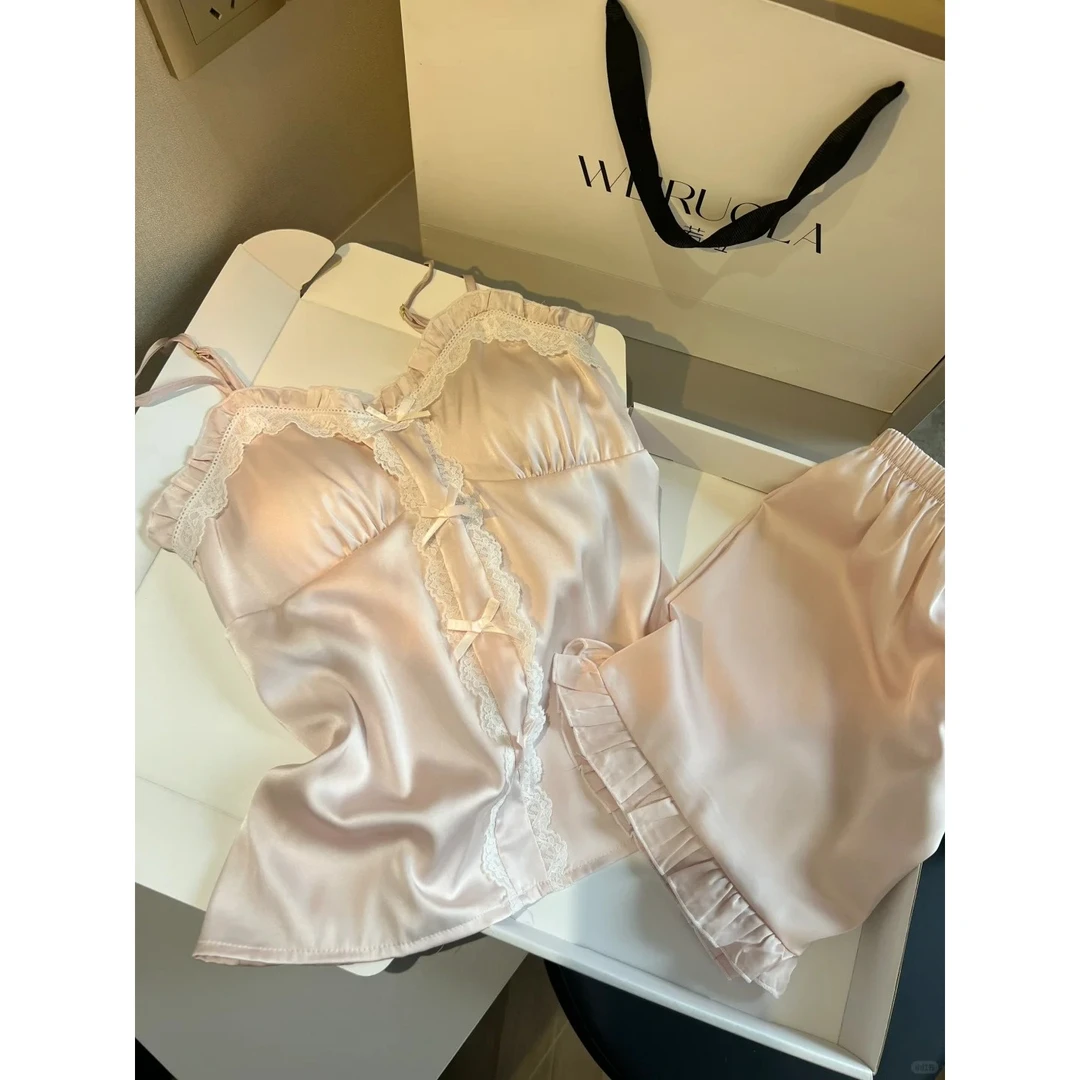 纯欲甜美蕾丝带胸垫吊带冰丝睡衣女夏季新款外穿薄款家居服战袍