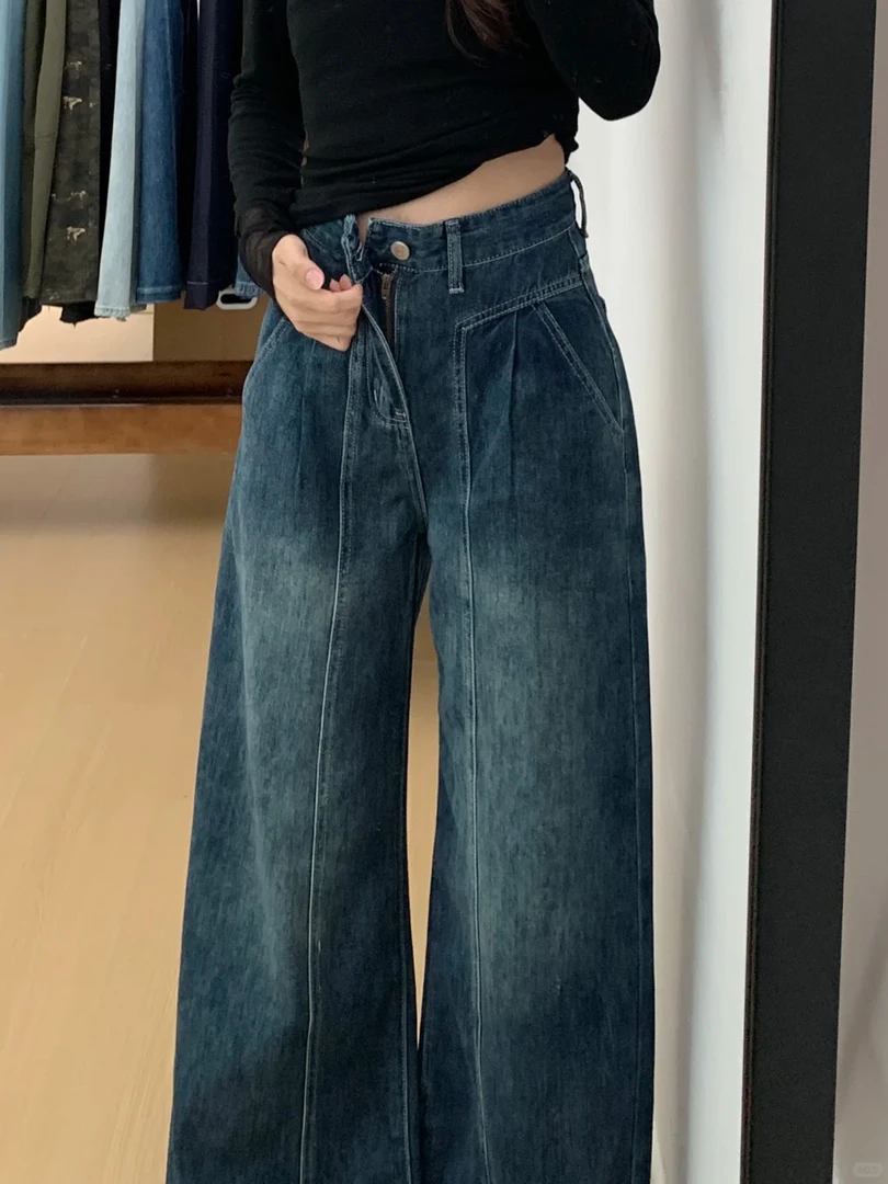 蓝色直筒牛仔裤女冬季加绒胖妹妹mm高腰宽松显瘦梨型身材阔腿裤子