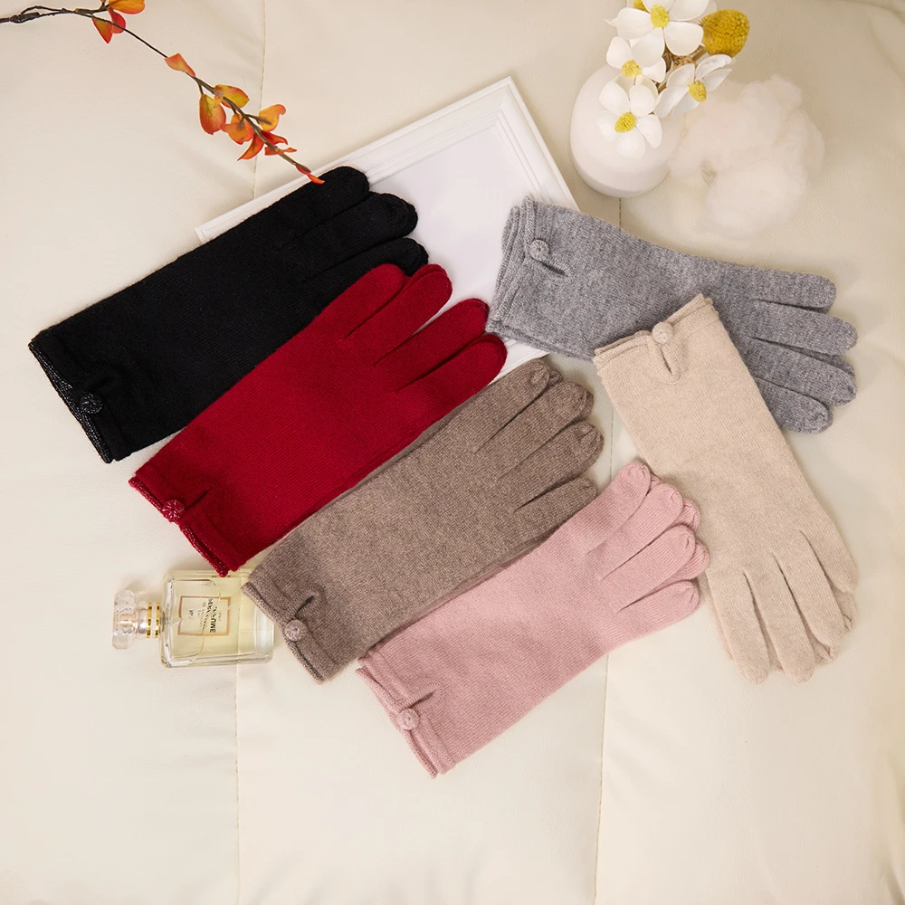 批发内蒙古纯羊绒冬季保暖手套女针织纯色加银丝腕扣毛线骑行手套